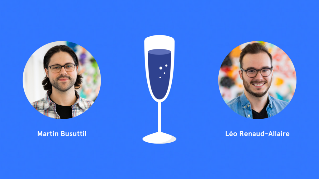 Face of Martin Busuttil and Léo Renaud-Allaire separated by a glass of champagne